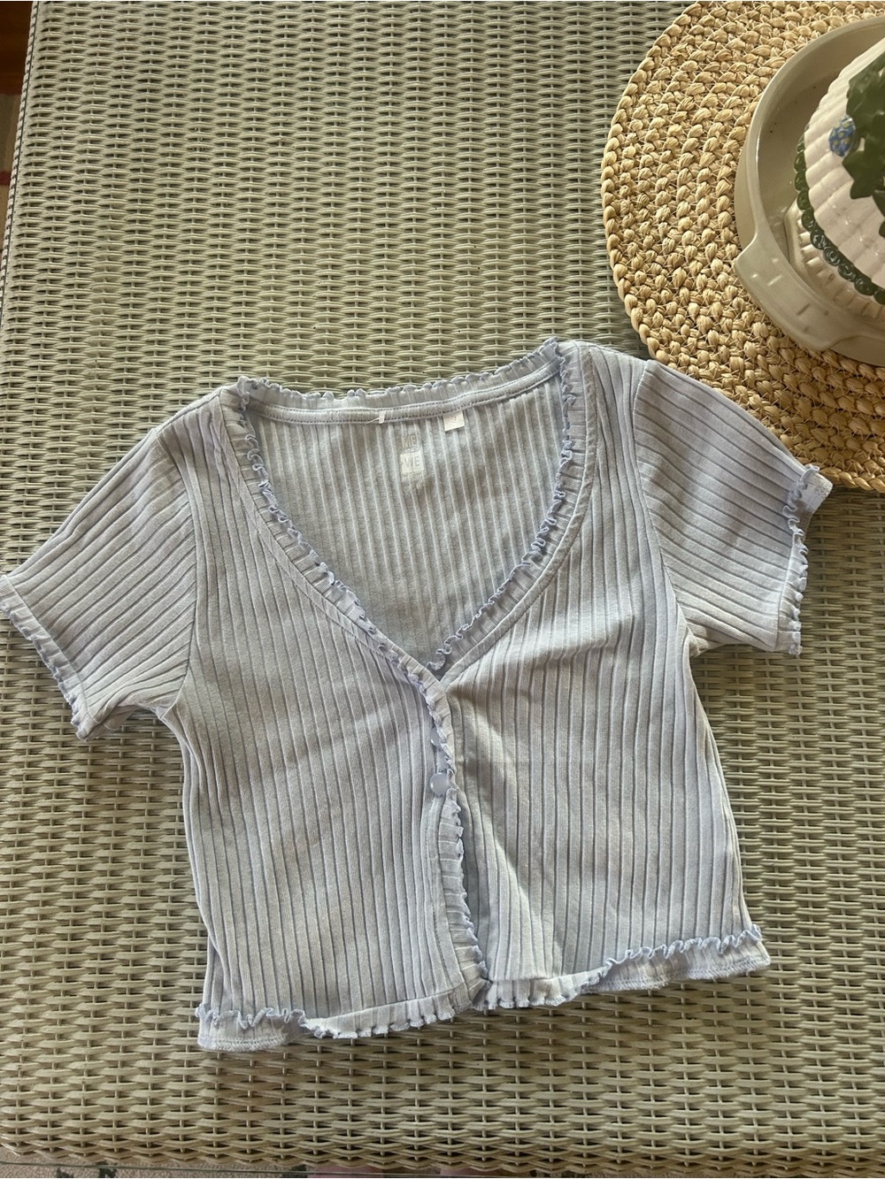 Me to We Pale Blue Ribbed V-Neck Lettuce-Edge Short Sleeve Top
